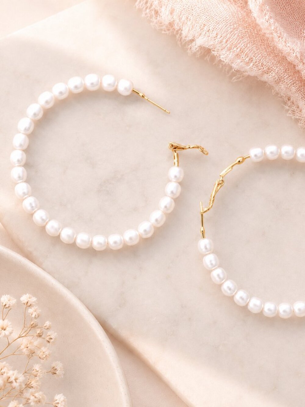 Large Pearl & Gold  Hoop Earrings – 65mm